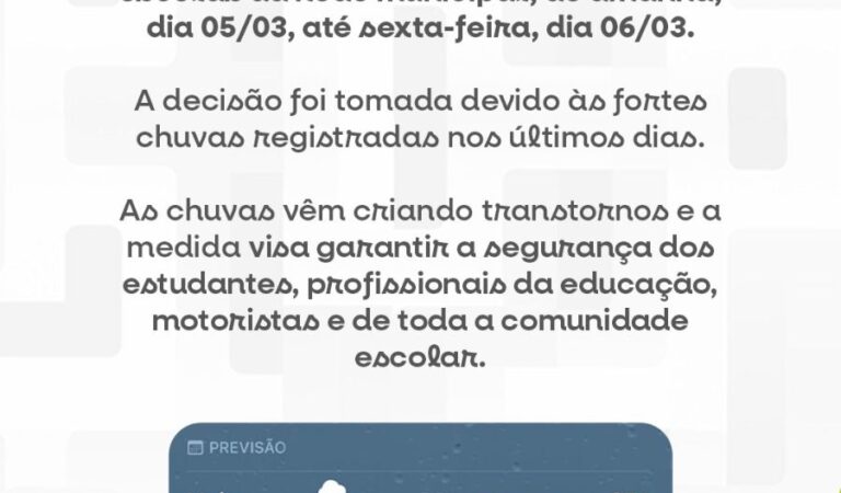 Secretaria de Educação de Umburanas suspende aulas da rede municipal nesta quinta e sexta por conta das fortes chuvas