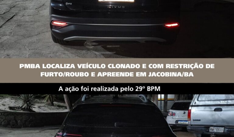 PMBA localiza veículo clonado e com restrição de furto/roubo e apreende em Jacobina