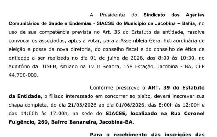 Jacobina: Sindicato dos Agentes Comunitários de Saúde e Endemias lança edital para eleição e posse de nova diretoria