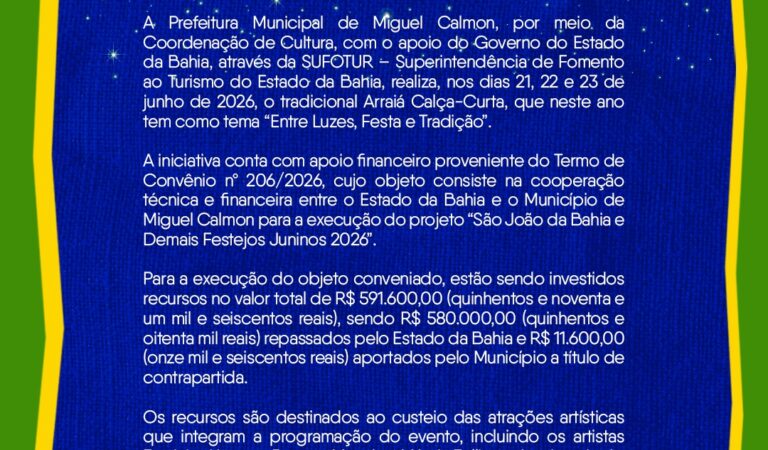 Com recursos da SUFOTUR, Miguel Calmon promove o Arraiá Calça Curta