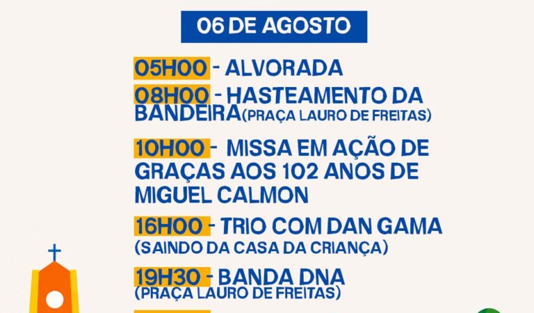 Miguel Calmon completa 102 anos com vasta programação de 06 a 09 de agosto