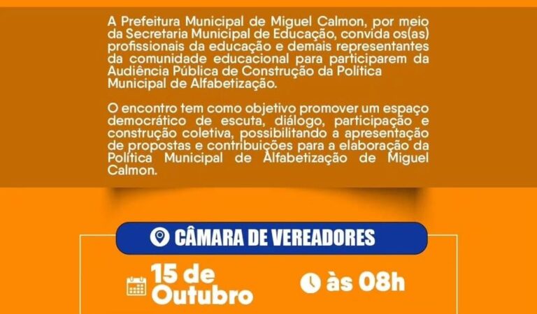Prefeitura de Miguel Calmon promove Audiência Pública sobre Construção da Política Municipal de Alfabetização nesta quinta-feira (15)